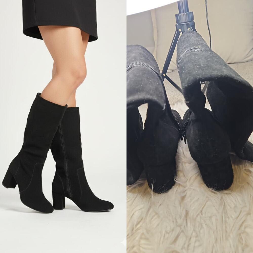 Essex Lane Suede Leather Knee High Boots Black Round Toe Heeled Boots Size 9 - Picture 1 of 6